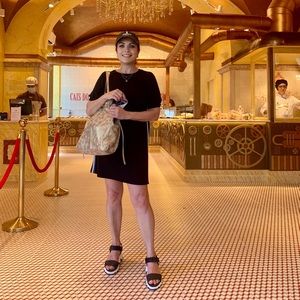 BB Dakota by Steve Madden Short Sleeve Dress in Black with B&W Stripe Detail.